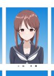  1girl absurdres aged_down blush brown_hair character_name collarbone highres idolmaster idolmaster_cinderella_girls light_smile looking_at_viewer mifune_miyu motodouryou neckerchief photo_(object) school_uniform serafuku solo twintails white_neckerchief yearbook 