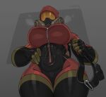  big_breasts breasts breath clothed clothing csarphong female fempyro gas_mask gloves handwear hi_res humanoid mask nipple_outline not_furry pyro_(team_fortress_2) rubber simple_background solo team_fortress_2 thick_thighs valve 