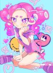 1girl absurdres black_shorts blue_background closed_mouth commentary_request eyelashes heart highres medium_hair octoling octoling_girl payayo884 pink_hair purple_eyes short_shorts shorts signature single_bare_shoulder single_tear sitting solo splatoon_(series) tears tentacle_hair thick_eyebrows twintails 