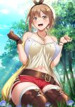  1girl atelier_(series) atelier_ryza atelier_ryza_1 bare_shoulders belt beret blue_sky blush boots breasts brown_belt brown_eyes brown_footwear brown_gloves brown_hair cleavage collarbone gloves hat highres jewelry large_breasts looking_at_viewer navel necklace open_mouth red_shorts reisalin_stout seiza short_hair short_shorts shorts single_glove sitting sky smile solo star_(symbol) star_necklace thigh_boots thighs tree white_headwear zaregoto_tsukai_no_deshi 