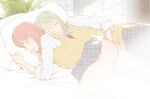  2girls brown_eyes closed_eyes clothes_lift fingering green_hair highres kishi_torajirou long_hair lying multiple_girls no_panties on_side original pillow school_uniform skirt skirt_lift sleeping yuri 