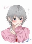  1boy androgynous blue_eyes blush cardigan covering_mouth cropped_torso crossdressing hair_ribbon hands_up highres light_(lightpicture33) looking_at_viewer pink_cardigan portrait red_ribbon ribbon school_uniform short_hair signature simple_background sobu_high_school_uniform solo totsuka_saika white_background white_hair yahari_ore_no_seishun_lovecome_wa_machigatteiru. 