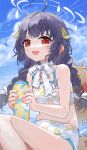 1girl :d absurdres ahoge black_hair blue_archive blue_sky blunt_bangs bottle bow_choker braid choker cloud cloudy_sky collarbone commentary_request hair_ribbon halo hat hat_on_back highres holding holding_bottle leaf leaf_on_head long_hair looking_at_viewer low_twintails midriff miyu_(blue_archive) miyu_(swimsuit)_(blue_archive) official_alternate_costume official_alternate_hairstyle outdoors red_eyes ribbon ribbon_choker sentter sidelocks sitting sky sleeveless smile solo straw_hat sun_hat twin_braids twintails water_bottle white_choker 