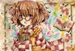  1girl bell book brown_hair frilled_shirt_collar frills glasses highres holding holding_book jingle_bell long_sleeves motoori_kosuzu multicolored_background open_book open_mouth painting_(medium) purple_eyes round_eyewear sleeves_past_fingers sleeves_past_wrists solo teeth totoki_mea touhou traditional_media two_side_up upper_body upper_teeth_only watercolor_(medium) wide_sleeves 
