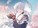  1boy absurdres bishounen black_gloves blue_sky cherry_blossoms chuan04826 closed_eyes fulgur_ovid gloves highres long_hair male_focus nijisanji nijisanji_en origami paper_crane papercraft ponytail shirt sky solo white_hair white_shirt 