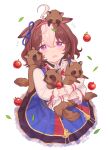  1girl ahoge animal animal_ears apple blue_ribbon brown_hair commentary ear_ribbon food fruit hair_between_eyes hairband highres holding holding_animal horse_ears horse_girl long_sleeves looking_at_viewer meisho_doto_(umamusume) multicolored_hair pink_hairband purple_eyes ribbon rio_(rio_067) shirt short_hair simple_background solo symbol-only_commentary tanuki twitter_username two-tone_hair umamusume white_background white_hair white_shirt 