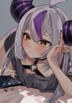  1girl absurdres black_nails blush braid braided_bangs breasts demon_horns futoshi_tanaka grey_hair highres holding holding_phone hololive horns la+_darknesss looking_at_viewer lying multicolored_hair nail_polish on_side phone pointy_ears purple_hair single_braid small_breasts solo streaked_hair virtual_youtuber yellow_eyes 