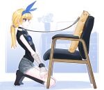  1girl baguette black_shirt black_socks blonde_girl_(popopoka) blonde_hair blue_eyes blue_hairband bread breasts cat_baguette_(popopoka) chair cuts food from_side grey_shorts hairband highres holding holding_leash injury kneeling leash long_hair no_shoes original plant ponytail popopoka potted_plant scar shirt short_sleeves shorts small_breasts socks sweatdrop wavy_mouth 