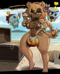  5_fingers 5_toes absurd_res ambiguous_gender anthro areola balls_outline beach big_breasts big_bulge bikini bikini_top bodily_fluids border bra braided_hair breasts brown_body brown_eyes brown_markings bulge chao_(sonic) clothing dessert dialogue eye_patch eyewear fan_character feet fingers flaccid food genital_outline genitals gloves gold_(metal) golden_bikini group gynomorph hair half-closed_eyes handwear hi_res hole_(pit) huge_bulge hyena ice_cream inner_ear_fluff intersex lock long_hair looking_at_viewer makeup mammal markings narrowed_eyes padlock_plunder penis pirate plundered seaside sega sonic_the_hedgehog_(series) steam sweat sweets swimwear talking_to_viewer thick_thighs tied_hair toes treasure trio tuft underwear wide_hips 