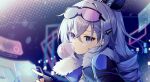  1girl black_gloves blurry blurry_background chewing_gum closed_mouth depth_of_field drill_hair earrings eyewear_on_head fingerless_gloves fur-trimmed_jacket fur_trim gloves grey_eyes grey_hair hair_between_eyes hair_ornament hairpin highres holographic_interface honkai:_star_rail honkai_(series) jacket jewelry long_hair looking_at_viewer semi-rimless_eyewear shirase_(shirose) silver_wolf_(honkai:_star_rail) solo sunglasses tinted_eyewear 