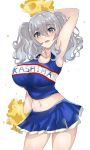  1girl blue_eyes breasts chamumi_(mochiumee) cheering cheerleader cowboy_shot crop_top crop_top_overhang grey_hair highres holding holding_pom_poms kantai_collection kashima_(kancolle) large_breasts long_hair looking_at_viewer midriff miniskirt navel open_mouth pleated_skirt pom_pom_(cheerleading) skirt smile solo twintails wavy_hair white_background 