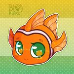  ambiguous_gender bloompupz blush blush_lines chibi circle_eyebrows clownfish dorsal_fin eyebrows feral fin fish glistening glistening_body green_eyes hasbro hi_res littlest_pet_shop lps_130 marine on_model orange_body pectoral_fin pomacentrid smile solo tail tail_fin toony 