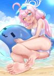  1girl ahoge barefoot beach blue_archive blush eyewear_on_head fang feet halo heterochromia highres hinosaki hoshino_(blue_archive) hoshino_(swimsuit)_(blue_archive) knees_together_feet_apart legs looking_at_viewer open_mouth pink_hair sky soles solo swimsuit toes water wet 