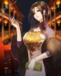  1girl black_hair blowing_smoke braid breasts china_dress chinese_clothes dress earrings gradient_hair grey_hair hair_ornament highres holding holding_smoking_pipe jewelry lace_collar large_breasts long_braid long_hair looking_at_viewer multicolored_hair nekotokage nijisanji open_mouth orange_eyes print_dress shirayuki_tomoe single_braid smoke smoking smoking_pipe solo virtual_youtuber 