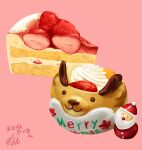  cake dated dessert food food_focus fruit merry_christmas miwa_nagi no_humans original pink_background santa_claus signature simple_background strawberry strawberry_shortcake 