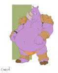  2023 altered_beast anthro belly big_belly canson clothing cuff_(restraint) disney ear_piercing facial_horn hand_on_stomach hi_res horn male mammal mouth_closed navel neff_(altered_beast) nipple_piercing nipples nose_horn obese obese_anthro obese_male overweight overweight_anthro overweight_male piercing purple_body restraints rhinoceros sega shackles shoulder_pads signature solo standing thong underwear van_vader wreck-it_ralph 