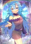  1girl black_dress blue_eyes blue_hair blurry blurry_background blush closed_mouth commentary_request commission depth_of_field dress frilled_dress frills gears hair_between_eyes hand_up kou_hiyoyo long_hair long_sleeves looking_at_viewer off-shoulder_dress off_shoulder original skeb_commission smile solo standing very_long_hair 
