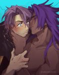  2boys bara bhima_(fate) blush closed_eyes dark-skinned_male dark_skin duryodhana_(fate) fate/grand_order fate_(series) from_side goatee_stubble hand_on_another&#039;s_arm head_grab imminent_kiss long_hair male_focus multiple_boys muscular muscular_male nervous no_nipples pectorals purple_eyes purple_hair short_hair simple_background surprised sweat sweating_profusely upper_body v-shaped_eyebrows wakuwakumuscle wide-eyed yaoi 