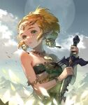  1girl armlet bare_shoulders blonde_hair bracelet braid broken broken_sword broken_weapon circlet cloud collarbone crown_braid dress earrings eyelashes facepaint falling_leaves full_moon green_dress green_eyes hands_up holding holding_sword holding_weapon jewelry leaf looking_to_the_side magatama magatama_necklace moon mountainous_horizon multicolored_clothes multicolored_dress necklace outdoors parted_lips pointy_ears princess_zelda short_hair signature sky solo strapless strapless_dress suzuki_rika sword the_legend_of_zelda the_legend_of_zelda:_tears_of_the_kingdom upper_body weapon white_dress wind 