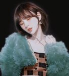  1girl absurdres black_background blue_coat blush brown_dress brown_hair closed_eyes coat collarbone dress earrings fur_coat hair_behind_ear heart highres jewelry k-pop nagamerin necklace_pull parted_lips pink_lips plaid plaid_dress real_life realistic red_velvet_(group) solo wendy_(red_velvet) 