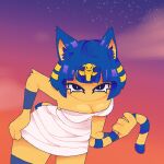  animal_crossing ankha_(animal_crossing) anthro arm_tuft armor bandage blue_hair blue_inner_ear_fluff bob_cut breasts catnvil circle_eyebrows cleavage clothed clothing cosmic_background digital_media_(artwork) domestic_cat egyptian_eyeliner elbow_tuft eyebrows eyeliner felid feline felis female fur gradient_background hair hand_on_hip hi_res highlights_(coloring) holding_tail humanoid inner_ear_fluff looking_up_at_viewer makeup mammal markings mouthless mummy_wrappings nintendo pixel_(artwork) pupils simple_background sky slit_pupils solo spiral_knuckles star starry_background starry_sky striped_markings striped_tail stripes tail tail_markings tuft uraeus vambrace white_clothing wide_hips yellow_body yellow_fur yellow_inner_ear 