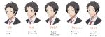  1boy adachi_tooru black_hair black_jacket closed_mouth collared_shirt commentary_request comparison copyright_name cropped_torso grey_eyes highres jacket looking_at_viewer male_focus necktie official_style parody persona persona_4 red_necktie shirt short_hair simple_background smile style_parody translation_request upper_body variations white_background white_shirt yoshino_saku 