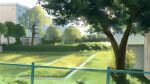  bicycle building bush grass hedge highres meron_2770 original painting_(medium) park plant railing scenery sunlight traditional_media tree window 