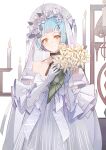  1girl absurdres ahoge bare_shoulders black_choker blue_hair bouquet candle choker closed_mouth collarbone commentary cowboy_shot dress elbow_gloves flower girls&#039;_frontline gloves hair_flower hair_ornament highres holding holding_bouquet looking_at_viewer luozhou_pile official_alternate_costume rose short_hair smile solo standing strapless strapless_dress veil wedding_dress white_dress white_flower white_gloves white_rose yellow_eyes zas_m21_(affections_behind_the_bouquet)_(girls&#039;_frontline) zas_m21_(girls&#039;_frontline) 