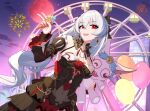  1girl :d absurdres artist_request balloon bare_shoulders black_dress breasts doll dress earrings fireworks food full_moon hair_between_eyes highres holding holding_doll honkai_(series) honkai_impact_3rd ice_cream ice_cream_cone jewelry large_breasts long_hair looking_at_viewer luna_(honkai_impact) moon night night_sky open_mouth outdoors red_eyes red_moon sky sleeveless smile solo stuffed_animal stuffed_toy theresa_apocalypse theresa_apocalypse_(lunar_vow:_crimson_love) v white_hair 