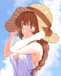  1girl bazz000033 blue_eyes blue_sky blush braid braided_ponytail breasts brown_hair brown_headwear cleavage cloud commentary_request day dress hat highres long_hair looking_to_the_side medium_breasts original outdoors sky sleeveless sleeveless_dress straw_hat white_dress 