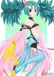  1girl absurdres bird_legs bird_tail blue_feathers breasts claws commentary_request eshimagure feathered_wings feathers gloves green_hair hair_between_eyes hair_ornament harpie_carla harpy heart heart_hair_ornament highres midriff monster_girl navel pink_feathers pink_wings pointy_ears red_eyes small_breasts solo stirrup_legwear tail talons toeless_legwear twintails underboob winged_arms wings yellow_gloves yu-gi-oh! yu-gi-oh!_rush_duel 