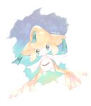  1other artist_name blue_background border closed_mouth colored_skin commentary_request full_body green_eyes happy jirachi looking_at_viewer ntmkn other_focus outside_border partial_commentary pokemon pokemon_(creature) signature smile solo white_border white_skin 