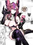  animal_ears black_gloves breasts cellphone gloves large_breasts league_of_legends long_hair midriff multicolored_hair pd_(pdpdlv1) phone pink_hair pointy_ears thighhighs 