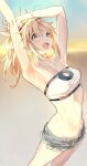  1girl absurdres armpits arms_up bandeau bare_shoulders blonde_hair blue_shorts braid breasts collarbone cutoffs denim denim_shorts fate/apocrypha fate/grand_order fate_(series) french_braid green_eyes highres long_hair mordred_(fate) mordred_(fate/apocrypha) mordred_(memories_at_trifas)_(fate) navel open_mouth parted_bangs ponytail short_shorts shorts sidelocks small_breasts smile solo thighs tokopi 