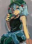  1girl 9302w_(user_wjpg8475) absurdres black_tank_top blue_eyes blue_hair can commentary flat_cap green_headwear grey_background hair_bobbles hair_ornament hat highres holding holding_can kawashiro_nitori looking_at_viewer parted_lips short_hair simple_background sitting sleeveless solo tank_top touhou two_side_up 