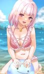  1girl :d bare_arms barefoot bikini blunt_bangs breasts cleavage cloud collarbone day frilled_bikini frills gold_necklace halterneck hand_rest head_tilt highres jewelry kneeling large_breasts light_blush looking_at_viewer medium_hair multi-strapped_bikini navel necklace nijisanji open_mouth outdoors partially_submerged pink_bikini pink_eyes pink_hair pink_ribbon ribbon shiina_yuika smile solo swimsuit uuroncha virtual_youtuber water 