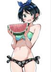  1girl bare_shoulders bikini black_bikini black_hair blue_ribbon blush breasts collarbone commentary cowboy_shot floral_print food fruit groin hair_ribbon hands_up highres holding holding_food kanojo_okarishimasu looking_at_viewer mismatched_bikini miyajima_reiji navel official_art open_mouth ribbon sarashina_ruka short_hair simple_background smile solo strapless strapless_bikini swimsuit symbol-only_commentary thighs underboob watermelon watermelon_slice white_background 