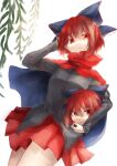  1girl artist_name bare_legs black_shirt blue_ribbon cape collared_cape hair_ribbon highres holding leaf looking_at_viewer medium_hair red_cape red_eyes red_hair red_skirt ribbon sekibanki_day shee_take shirt signature skirt solo touhou white_background 