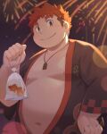  1boy absurdres aerial_fireworks bag bagged_fish bara bare_pectorals belly big_belly blurry bokeh brown_eyes brown_hair depth_of_field fireworks fish goldfish hand_on_own_hip happi highres holding japanese_clothes jewelry looking_at_viewer male_focus navel necklace night night_sky nipples pectorals plump seamonsterping short_hair sideburns sky smile solo thick_eyebrows tokyo_afterschool_summoners undercut upper_body yakushimaru_ryota 