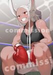  1girl :d absurdres animal_ears bare_shoulders black_sports_bra blush boku_no_hero_academia boxing_gloves boxing_ring boxing_shorts breasts commission commission_watermark dark-skinned_female dark_skin gloves hair_bun highres koyap large_breasts lights long_eyelashes long_hair looking_ahead mirko on_stool parted_bangs rabbit_ears rabbit_girl red_eyes red_gloves shorts single_hair_bun sitting smile solo sports_bra sweaty_clothes teeth toned towel watermark white_hair white_shorts 