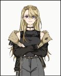  1girl belt black_choker black_jacket black_shirt blonde_hair choker crossed_arms earrings eyewear_on_head fur-trimmed_jacket fur_trim genderswap genderswap_(mtf) grey_pants highres i.n_(inin179) jacket jewelry long_hair luca_kaneshiro lucy_kaneshiro nijisanji nijisanji_en open_clothes open_jacket pants purple_eyes shirt simple_background solo sunglasses white_background 