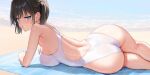  1girl artist_name ass bare_arms bare_shoulders beach beach_towel black_hair blue_eyes day highleg highleg_swimsuit highres looking_at_viewer lying mignon non-web_source on_side original oshiego-chan_(mignon) outdoors parted_lips shadow shiny_skin shore short_twintails simple_background smile swimsuit thighs towel twintails water water_drop wet white_swimsuit 