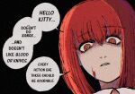  1girl black_background blood blood_on_face chainsaw_man commentary dako_(starrysea) derivative_work english_commentary english_text hair_between_eyes hello_kitty long_hair looking_at_viewer looking_down lowres makima_(chainsaw_man) manga_panel_redraw meme parted_lips red_eyes red_hair sanrio simple_background solo speech_bubble upper_body 