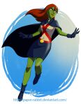  1girl alien cape colored_skin dc_comics gloves green_skin long_hair miss_martian paper-rabbit red_hair solo superhero young_justice 
