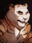  2023 anthro bust_portrait dated fangs felid fur glowing glowing_eyes hi_res male mammal muscular muscular_anthro muscular_male orange_body orange_fur portrait santanahoffman simple_background solo striped_arms striped_body striped_fur stripes teeth whiskers white_body white_fur 
