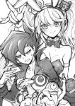  1boy 1girl absurdres animal_ears arm_up armlet bear_hair_ornament blush bow bowtie breasts card cleavage closed_mouth collarbone detached_collar fake_animal_ears greyscale hair_between_eyes hair_ornament highres holding holding_card large_breasts long_hair looking_at_viewer manjoume_jun medium_hair monochrome ojama_black ojama_green ojama_yellow playboy_bunny pointing pointing_up rabbit_ears smile spiked_hair twintails youko-shima yu-gi-oh! yu-gi-oh!_gx 