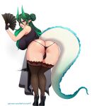  2023 animal_humanoid anus big_breasts breasts butt clothing dragon dragon_humanoid female footwear green_hair hair hair_bun hand_fan hi_res high_heels horn humanoid humanoid_pointy_ears legwear nofuture panties rear_view simple_background solo text thigh_highs thong underwear url white_background 