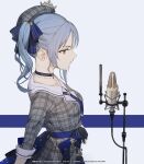  1girl belt black_gloves blue_belt blue_choker blue_hair choker dress from_side gloves grey_eyes haru_on highres hololive hololive_english hoshimachi_suisei hoshimachi_suisei_(1st_costume) medium_hair microphone partially_fingerless_gloves plaid plaid_dress plaid_headwear side_ponytail solo star_(symbol) star_choker star_in_eye symbol_in_eye virtual_youtuber 