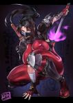  1girl absurdres black_hair bodysuit breasts brown_eyes fingerless_gloves gloves highres impossible_bodysuit impossible_clothes juaag_acgy large_breasts long_hair mask mouth_mask ninja ninjatou ponytail red_bodysuit sheath sheathed shin_guards short_sword shoulder_guard solo soulcalibur sword sword_on_back tabi taki_(soulcalibur) weapon weapon_on_back 