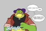  2023 alligator alligatorid anthro brok_(character) brok_the_investigator clothing crocodilian dialogue english_text green_body hat headgear headwear hi_res humanoid_hands male overweight overweight_male reptile scalie shirt simple_background solo syncrotrace text tongue tongue_out topwear 